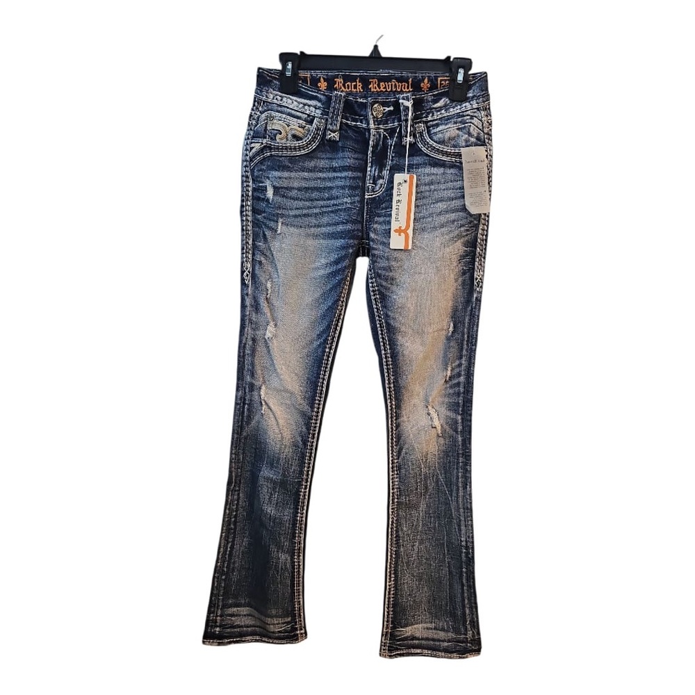 Rock Revival Blue Boot Cut Jeans with Distressed Details